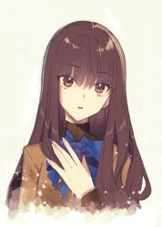 Rule 34 | 1girl, ayaka (disagree), blue bow, blue bowtie, bow, bowtie, brown eyes, commentary request, cropped torso, fate/extra, fate (series), hair between eyes, hand on own chest, head tilt, highres, kishinami hakuno (female), long hair, long sleeves, looking at viewer, simple background, solo, tsukumihara academy uniform (fate/extra), very long hair, white background