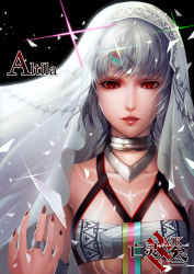 Rule 34 | 1girl, absurdres, altera (fate), armlet, bare shoulders, black background, breasts, broken glass, character name, collarbone, dark-skinned female, dark skin, diffraction spikes, fate/grand order, fate (series), glass, grey hair, headpiece, highres, jewelry, lips, long hair, looking at viewer, multicolored stripes, nail polish, necklace, parted lips, red eyes, red lips, red nails, ring, shards, short hair, small breasts, solo, striped, tattoo, upper body, veil, wangling mk san, white hair