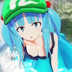 1girl 3d animated blue_eyes blue_hair breasts crop_top downblouse hair_bobbles hair_ornament hat kawashiro_nitori large_breasts long_hair looking_at_viewer mofumoko5 nipples no_bra outdoors partially_submerged solo surprised tagme tank_top touhou twintails video water