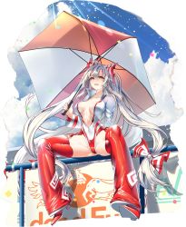 Rule 34 | 1girl, adapted costume, aged up, baggy pants, bow, breasts, center opening, confetti, day, fujiwara no mokou, full body, hair bow, highres, holding, holding umbrella, leotard, long hair, long sleeves, looking at viewer, medium breasts, midriff, pants, parasol, parted lips, race queen, red eyes, shukusuri, silver hair, sitting, smile, solo, spread legs, sunlight, touhou, umbrella, very long hair