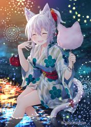 Rule 34 | 1girl, animal ears, blush, breasts, cat ears, cat girl, cat tail, collarbone, company name, cotton candy, closed eyes, facing viewer, japanese clothes, kimono, large breasts, natsumekinoko, official art, open mouth, shinki kakusei melty maiden, short hair, short ponytail, sitting, smile, soaking feet, solo, tail, white hair, yukata