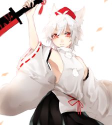 Rule 34 | &gt;:3, 1girl, :3, animal ears, arm up, armpits, bad id, bad pixiv id, bare shoulders, black skirt, breasts, bright background, detached sleeves, hair between eyes, hat, holding, holding sword, holding weapon, inubashiri momiji, light smile, looking at viewer, pom pom (clothes), red eyes, ribbon-trimmed sleeves, ribbon trim, shirt, short hair, sideboob, skirt, sleeveless, sleeveless shirt, solo, standing, sword, touhou, turtleneck, upper body, v-shaped eyebrows, weapon, white hair, white shirt, wide sleeves, wolf ears, yuki chika
