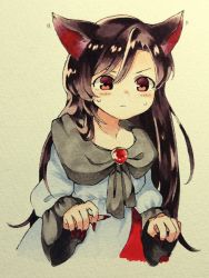 Rule 34 | 1girl, absurdres, animal ears, bad id, bad pixiv id, blush, brooch, brown hair, commentary request, dress, fingernails, highres, imaizumi kagerou, jewelry, long hair, marker (medium), nail polish, red eyes, sasa kichi, scan, sharp fingernails, solo, sweat, touhou, traditional media, upper body, very long hair, white dress, wolf ears