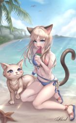 Rule 34 | 1girl, absurdres, animal, animal ears, beach, bikini, blade &amp; soul, blonde hair, blue eyes, blush, cat, cat ears, cat tail, colored skin, commission, day, food, highres, holding, holding animal, holding cat, ice cream, kie (wylee2212), lace, licking, looking at viewer, lyn (blade &amp; soul), mascot, ocean, palm tree, sandals, sitting, sunlight, swimsuit, tail, tree, white skin