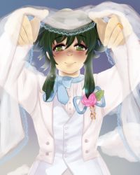 Rule 34 | 1boy, blush, bow, bowtie, flower, formal, green eyes, green hair, happy, highres, ion (tales), looking at viewer, male focus, matching hair/eyes, pov, rose, sidelocks, sky, sleepyatelier, smile, solo, suit, tales of (series), tales of the abyss, veil, wedding