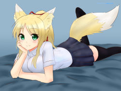 Rule 34 | 10s, 1girl, absurdres, animal ears, black thighhighs, blonde hair, blush, breasts, contemporary, dog days, fox ears, fox tail, green eyes, hand on own head, happy, highres, long hair, looking at viewer, nao (ritsancrossover), school uniform, skirt, solo, tail, thighhighs, yukikaze panettone, zettai ryouiki