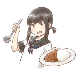 Rule 34 | 1girl, black hair, black sailor collar, commentary request, curry, curry rice, food, fubuki (kancolle), fubuki kai ni (kancolle), green eyes, holding, holding spoon, kantai collection, karasu (naoshow357), long hair, looking at viewer, low ponytail, ponytail, rice, sailor collar, short ponytail, sidelocks, simple background, solo, spoon, white background