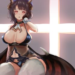 Rule 34 | 1girl, ascot, black gloves, black hair, black panties, breasts, choker, cleavage, demon girl, demon horns, demon wings, garter straps, gloves, halloween costume, hand on own face, highres, horns, kantai collection, large breasts, looking at viewer, navel, open mouth, panda (heart sink), panties, red eyes, short hair, takao (kancolle), thighhighs, underwear, white ascot, wings