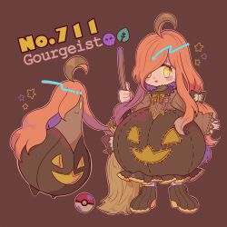 Rule 34 | 1girl, badge, blush, bow, broom, brown background, brown bow, character name, creatures (company), full body, game freak, gen 6 pokemon, gen 7 pokemon, ghost, gourd, gourgeist, hair bow, hair over one eye, highres, holding, holding broom, jack-o&#039;-lantern, leaf, long hair, long sleeves, moemon, narumame, nintendo, open mouth, orange bow, orange hair, personification, poke ball, poke ball (basic), pokedex number, pokemon, pokemon (creature), ribbon, shoes, simple background, smile, standing, star (symbol), very long hair, wide sleeves, yellow eyes