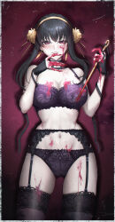 Rule 34 | 1girl, black bra, black garter belt, black hair, black panties, black thighhighs, blood, blood on face, blood on hands, blood splatter, bloody knife, blush, border, bow, bow panties, bra, breasts, chinese commentary, commentary, commentary request, cowboy shot, dagger, earrings, english commentary, garter belt, gold earrings, gold hairband, grin, hairband, highres, holding, holding knife, jewelry, knife, lace thighhighs, large breasts, long hair, looking at viewer, medium bangs, mixed-language commentary, navel, panties, qisu, red background, red eyes, sidelocks, smile, solo, spy x family, stiletto (weapon), thighhighs, underwear, underwear only, weapon, yor briar