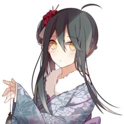 Rule 34 | 1girl, ahoge, black hair, blush, braid, brown eyes, closed mouth, commentary request, danganronpa (series), danganronpa v3: killing harmony, floral print, flower, fur collar, genderswap, genderswap (mtf), hair between eyes, hair flower, hair ornament, hand up, holding, japanese clothes, kimono, long hair, looking at viewer, obi, print kimono, qiao xing, red flower, saihara shuichi, sash, simple background, sleeves past wrists, solo, wide sleeves, yellow eyes