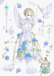 Rule 34 | 1girl, angel, angel wings, bird, birdcage, blonde hair, blue eyes, blue flower, blue rose, bow, braid, braided bun, cage, closed mouth, clothing cutout, commentary, crinoline, dove, dress, earrings, flower, full body, gloved sleeves, gloves, hair bun, hair flower, hair ornament, halo, highres, jewelry, kao o0, key, key necklace, mary janes, medium dress, necklace, original, pantyhose, parted bangs, platform footwear, rose, shoes, sidelocks, sidelocks tied back, simple background, solo, standing, symbol-only commentary, tassel, tassel earrings, upturned eyes, v arms, wand, white background, white bow, white dress, white flower, white footwear, white gloves, white pantyhose, white wings, wings