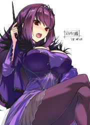 Rule 34 | 1girl, breasts, cleavage, commentary request, crossed legs, dated, dress, fate/grand order, fate (series), fur trim, hair between eyes, jewelry, large breasts, long hair, looking at viewer, open mouth, pantyhose, purple dress, purple hair, red eyes, scathach (fate), scathach skadi (fate), signature, sitting, solo, tiara, tooya daisuke, wand, white background