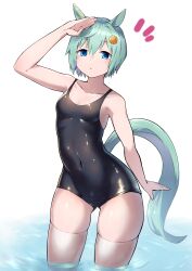 Rule 34 | 1girl, absurdres, alternate costume, animal ears, arm up, armpits, bare shoulders, black one-piece swimsuit, blue eyes, blush, breasts, closed mouth, commentary request, competition swimsuit, covered navel, cowboy shot, ear covers, gluteal fold, green hair, hair between eyes, hair ornament, hairclip, highres, horse ears, horse girl, horse tail, notice lines, one-piece swimsuit, partially submerged, saikuu, salute, seiun sky (umamusume), short hair, simple background, single ear cover, small breasts, solo, swimsuit, tail, thighhighs, thighs, umamusume, wet, wet clothes, wet swimsuit, white background, white thighhighs