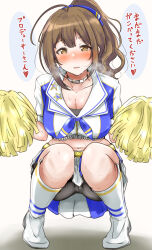 Rule 34 | 1girl, ahoge, alternate hairstyle, belt, bike shorts under skirt, black sports bra, blue bow, blue bowtie, blue ribbon, blue shirt, blue skirt, blush, boots, bow, bowtie, breasts, brown eyes, brown hair, cheerleader, cleavage, collarbone, crop top, cropped shirt, dot nose, exhausted, full body, hair bow, hair ribbon, hands up, heart, heavy breathing, highres, holding, holding pom poms, idolmaster, idolmaster shiny colors, knee boots, kuwayama chiyuki, large breasts, long hair, looking at viewer, machismo fuji, midriff, miniskirt, navel, parted lips, pleated skirt, pom pom (cheerleading), pom poms, ponytail, ribbon, shadow, shirt, short sleeves, simple background, skirt, smile, solo, speech bubble, sports bra, squatting, striped bow, striped bowtie, striped clothes, sweat, translated, two-tone choker, white background, white footwear, yellow belt