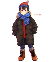 Rule 34 | 1boy, artist name, beanie, black coat, black hair, blue pants, blue scarf, blush, boots, brown footwear, closed mouth, coat, commentary request, full body, fur-trimmed hood, fur trim, hands in pockets, hat, hood, hood down, hooded coat, long sleeves, looking at viewer, male focus, mimxxpk, mother (game), mother 2, ness (mother 2), nintendo, open clothes, open coat, pants, purple eyes, red hat, red shirt, scarf, shirt, short hair, simple background, smile, solo, standing, twitter username, white background, winter clothes, winter coat