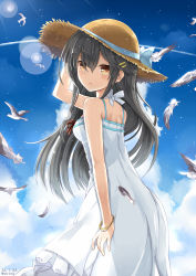 Rule 34 | 10s, 1girl, arm up, artist name, bare shoulders, bird, black hair, breasts, brown eyes, cloud, dated, day, dress, feathers, from side, hair ornament, hairclip, hand on headwear, haruna (kancolle), hat, kantai collection, long hair, looking at viewer, medium breasts, myuton, sky, solo, straw hat, sundress