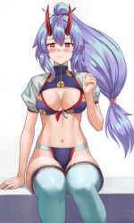Rule 34 | 1girl, bikini, blue bikini, breasts, cleavage, cleavage cutout, clothing cutout, fate/grand order, fate (series), hair between eyes, high ponytail, highres, horns, large breasts, long hair, looking at viewer, mitsudomoe (shape), navel, oni horns, puffy short sleeves, puffy sleeves, red eyes, red horns, shinsaku (stan-art), short sleeves, sidelocks, sitting, smile, solo, swimsuit, thighhighs, thighs, tomoe (symbol), tomoe gozen (fate), tomoe gozen (swimsuit saber) (fate), tomoe gozen (swimsuit saber) (third ascension) (fate), white hair, white thighhighs