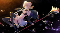 Rule 34 | 1girl, apron, artoria pendragon (all), artoria pendragon (alter swimsuit rider) (fate), artoria pendragon (alter swimsuit rider) (second ascension) (fate), artoria pendragon (fate), bikini, black bikini, black skirt, black thighhighs, blonde hair, braid, bridal garter, closed mouth, commentary request, fate/grand order, fate (series), floating, french braid, frilled apron, frilled bikini, frills, hair bun, holding, hood, hoodie, kinokohime, lips, looking at viewer, maid, maid bikini, maid headdress, mop, open clothes, open hoodie, revision, saber alter, single hair bun, skirt, smile, solo, swimsuit, thighhighs, unconventional maid, waist apron, water drop, yellow eyes