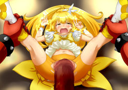 Rule 34 | 10s, 1boy, 1girl, akaooni, bike shorts, blonde hair, brooch, clitoris, colored skin, cure peace, dress, hetero, highres, horns, jewelry, kise yayoi, long hair, magical girl, monster, oni, precure, pussy, rape, red oni, red skin, scared, size difference, skirt, smile precure!, spread legs, tears, torn clothes, uncensored, wantacchi, yellow dress