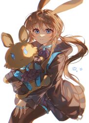 Rule 34 | 1girl, amiya (arknights), animal ears, arknights, ascot, black jacket, black pantyhose, blue ascot, blue brooch, blue choker, blue eyes, brown hair, character doll, choker, choshanland plushy (arknights), chromatic aberration, closed mouth, commentary, film grain, floating hair, hair between eyes, highres, hood, hood down, hooded jacket, infection monitor (arknights), invisible chair, jacket, jewelry, long hair, long sleeves, looking at viewer, multiple rings, pantyhose, pong (pong o0), rabbit ears, rabbit girl, ring, simple background, sitting, solo, thigh ring, white background