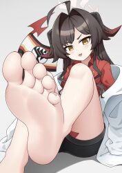 Rule 34 | 1girl, absurdres, barefoot, black hair, blue archive, blush, c1 comb3r, feet, highres, horns, kasumi (blue archive), long hair, looking at viewer, open mouth, soles, toes, yellow eyes