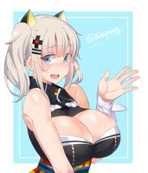 Rule 34 | 1girl, bad id, bad pixiv id, blue eyes, blush, breasts, cleavage, cleavage cutout, clothing cutout, dress, hair ornament, k pring, kaguya luna, large breasts, open mouth, ribbon, short hair, silver hair, sleeveless, sleeveless dress, solo, the moon studio, twintails, twitter username, virtual youtuber, wrist ribbon, x hair ornament