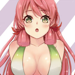 Rule 34 | 10s, 1girl, akashi (kancolle), areola slip, bikini, breasts, cleavage, female focus, green eyes, hair ribbon, kantai collection, large breasts, long hair, looking at viewer, open mouth, pink hair, qunqing, ribbon, solo, striped, striped background, swimsuit, tress ribbon, twintails