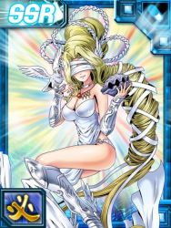 Rule 34 | 1girl, armor, bird, blindfold, blonde hair, breasts, card (medium), choker, clam, cleavage, curvy, digimon, digimon (creature), digimon collectors, female focus, greaves, hotan (digimon), long hair, lowres, official art, olive (digimon), olympos xii, solo, tagme, venusmon, very long hair, wings
