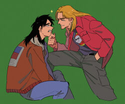 Rule 34 | 2boys, black eyes, black hair, black shirt, blonde hair, blue pants, bomber jacket, brown jacket, commentary request, expressive clothes, feet out of frame, green background, grey pants, grin, hand in pocket, hand on another&#039;s chin, inudori, itou kaiji, jacket, kaiji, kitami (kaiji), long hair, long sleeves, looking at another, male focus, medium bangs, multiple boys, open clothes, open jacket, pants, print shirt, profile, red jacket, shirt, simple background, sitting, skull print, smile, sparkle, stroking another&#039;s chin