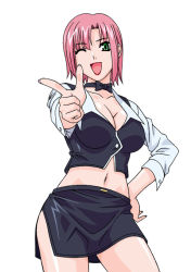 Rule 34 | 1girl, breasts, choker, cleavage, cowboy shot, croupier, green eyes, hand on own hip, large breasts, midriff, miniskirt, one eye closed, pencil skirt, pink hair, pointing, rio rollins, rudoni, short hair, simple background, skirt, solo, super blackjack, uniform, white background, wink