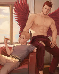 Rule 34 | 2boys, abs, alcohol, bara, beard stubble, belt, blonde hair, boku no hero academia, burn scar, commentary, couch, cup, earrings, endeavor (boku no hero academia), english commentary, facial hair, feathered wings, feathers, green eyes, grey shirt, hand on own leg, hawks (boku no hero academia), highres, holding, holding another&#039;s leg, holding cup, jewelry, kkimot0, large pectorals, male focus, mature male, multiple boys, muscular, muscular male, navel, nipples, on couch, pants, pectorals, red feathers, red hair, red wings, scar, scar across eye, scar on face, shirt, short hair, sitting, spiked hair, stubble, sweatpants, topless male, window, wings, yaoi, yellow eyes