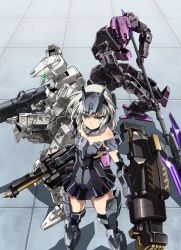 Rule 34 | 1girl, alternate color, architect (frame arms), architect (frame arms girl), bare shoulders, black gloves, black thighhighs, blue eyes, commentary request, detached collar, elbow gloves, frame arms, frame arms girl, gloves, grey hair, gun, headgear, highres, kumichou (ef65-1118-ef81-95), long hair, looking at viewer, mecha, mecha musume, microskirt, pile bunker, polearm, power fist, robot, skirt, thighhighs, thighs, tile floor, tiles, weapon