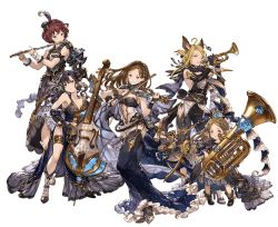 Rule 34 | 10s, 5girls, ahoge, animal ears, armlet, augusta (granblue fantasy), black gloves, black hair, blonde hair, blue eyes, bob cut, boots, bow (music), braid, breasts, brown eyes, brown hair, cecile (granblue fantasy), cello, cleavage, draph, dress, earrings, elbow gloves, erune, flute, french braid, full body, gloves, granblue fantasy, hair ornament, hairband, harvin, hat, high heels, horns, instrument, jewelry, large breasts, long hair, minaba hideo, mini hat, multiple girls, navel, novei (granblue fantasy), official art, one eye closed, pamela (granblue fantasy), panties, parted bangs, parted lips, pointy ears, robertina (granblue fantasy), sandals, see-through silhouette, short hair, side-tie panties, side slit, sideboob, smile, transparent background, trumpet, underwear, violin