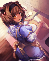 Rule 34 | 10s, 1girl, apron, brown eyes, brown hair, cutting, draph, eyebrows, female focus, food, granblue fantasy, hairband, highres, holding, knife, looking at viewer, looking back, matching hair/eyes, open mouth, solo, standing, tahnya, yaia (granblue fantasy)