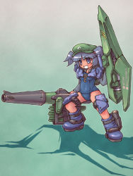 Rule 34 | 1girl, arm cannon, blue hair, cucumber, female focus, hat, kawashiro nitori, key, mecha musume, one-piece swimsuit, open mouth, sankuma, school swimsuit, smile, solo, swimsuit, touhou, twintails, two side up, weapon