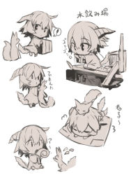 Rule 34 | !, 1girl, absurdres, animal, barefoot, chibi, closed eyes, closed mouth, commentary request, dress, flying sweatdrops, fox, greyscale, hair between eyes, highres, holding, holding animal, horns, long sleeves, lying, monochrome, multiple views, on stomach, original, reflection, sketch, spoken exclamation mark, standing, tail, translation request, water, white background, wide sleeves, yuuji (yukimimi), | |