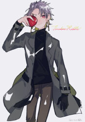 Rule 34 | 1boy, 61 rokuichi, apple, belt, black belt, black gloves, black sweater, bright pupils, brown pants, character name, closed mouth, coat, commentary request, cowboy shot, dated, earrings, food, fruit, gloves, grey coat, highres, holding, holding food, holding fruit, jewelry, long sleeves, male focus, one eye covered, open belt, open clothes, open coat, pants, purple hair, red eyes, saibou shinkyoku, short hair, simple background, single glove, smile, solo, sweater, theodore riddle, turtleneck, turtleneck sweater, white background, white pupils