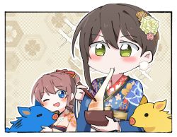 Rule 34 | 2girls, ;d, = =, alternate hairstyle, bang dream!, beige kimono, black border, black hair, blue eyes, blue kimono, blue ribbon, blush, boar, border, bow, bowl, brown hair, chinese zodiac, chopsticks, earrings, eating, floral print, flower, green eyes, gyaheung, hair bow, hair flower, hair ornament, hair up, hanazono tae, holding, holding bowl, japanese clothes, jewelry, kimono, multiple girls, new year, obi, one eye closed, open mouth, outline, pom pom (clothes), pom pom earrings, ponytail, red bow, ribbon, sash, smile, solid circle eyes, sparkle, upper body, white outline, yamabuki saya, year of the pig, zouni soup