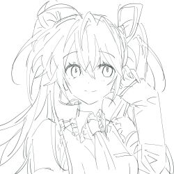 Rule 34 | 1girl, blush, closed mouth, detached sleeves, frilled shirt collar, frills, hair ribbon, hatsune miku, headphones, headset, highres, long hair, looking at viewer, microphone, necktie, remsrar, ribbon, sidelocks, sketch, smile, solo, twintails, upper body, very long hair, vocaloid
