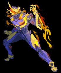 Rule 34 | 1boy, absurdres, armor, asymmetrical horns, black background, catball1994, clenched hand, fighting stance, fire, flame print, gold horns, highres, horns, kamen rider, kamen rider revi, kamen rider revice, open hand, orange eyes, purple armor, sharp teeth, simple background, stylistic, teeth, tyrannosaurus rex, volcano, volcano genome, volcano rex