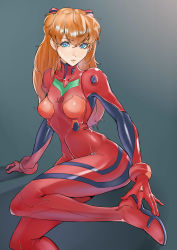 Rule 34 | 1girl, absurdres, arm support, artist request, blue eyes, bodysuit, breasts, brown hair, curvy, gradient background, highres, lips, long hair, medium breasts, multicolored clothes, neon genesis evangelion, plugsuit, red bodysuit, shiny clothes, simple background, sitting, skin tight, solo, souryuu asuka langley, two side up, very long hair, wide hips