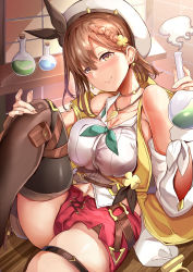 Rule 34 | 1girl, atelier (series), atelier ryza, atelier ryza 2, bare shoulders, beret, black ribbon, blush, braid, breasts, brown eyes, brown hair, cleavage, collarbone, earrings, hat, highres, himuro shunsuke, jacket, jewelry, key, large breasts, leather belt, looking at viewer, navel, necklace, pouch, red shorts, reisalin stout, ribbon, short hair, short shorts, shorts, side braid, sitting, sleeveless, sleeveless jacket, smile, thick thighs, thighs, vial, white hat, yellow jacket