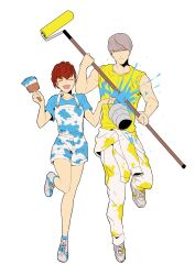 Rule 34 | 1boy, 1girl, absurdres, brown hair, closed mouth, full body, hair ornament, hairclip, highres, holding, holding brush, holding paintbrush, igusaharu, narukami yuu, open mouth, paint, paintbrush, persona, persona 3, persona 3 portable, persona 4, shiomi kotone, shoes, short hair, simple background, smile, sneakers, white background, x hair ornament