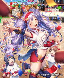 Rule 34 | 5girls, :d, ^ ^, arched back, arm up, basket, beads, bean bag, black hair, blue eyes, blue thighhighs, braid, breasts, brown eyes, brown hair, buruma, closed eyes, clothes writing, company name, confetti, copyright name, day, esukee, flower, from side, gym uniform, hair beads, hair flower, hair ornament, hairband, jumping, lace, lace-trimmed legwear, lace trim, long hair, looking at another, looking at viewer, looking up, medium breasts, midriff, motion blur, multiple girls, official art, open mouth, outdoors, purple hair, red buruma, sengoku saga, shirt, shirt basket, short hair, short sleeves, smile, solo focus, sports festival, standing, string of flags, sweat, thighhighs, throwing, twintails, white shirt