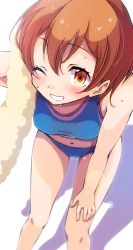 Rule 34 | 10s, 1girl, ;d, arm up, bare arms, bare legs, bare shoulders, bent over, blurry, blush, breasts, buruma, close-up, depth of field, drying, drying hair, grin, hair between eyes, highres, hoshizora rin, love live!, love live! school idol project, medium breasts, navel, one eye closed, open mouth, orange hair, sen (sen0910), shadow, short hair, smile, solo, sports bra, sportswear, standing, stomach, sweat, tareme, teeth, towel, yellow eyes