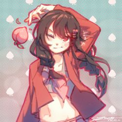 Rule 34 | 1girl, arm up, blush, bow, brown hair, collarbone, dated, food, fruit, hair ornament, hairclip, highres, long hair, navel, one eye closed, original, outline, patterned, patterned background, peach, pink bow, red eyes, red outline, signature, smile, solo, tossing, zeniyan