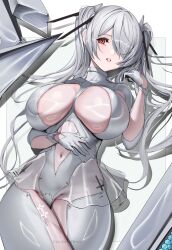 Rule 34 | 1girl, armpit cutout, bodysuit, breasts, cinderella (nikke), clothing cutout, ekuskarma, gloves, goddess of victory: nikke, grey bodysuit, grey hair, highres, large breasts, leg cutout, long hair, looking at viewer, navel cutout, one eye covered, red eyes, revealing clothes, see-through, see-through skirt, skirt, solo, twintails, white gloves