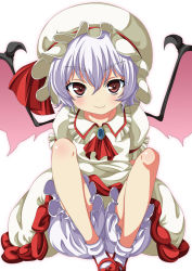 Rule 34 | 1girl, ass, bat wings, bloomers, brooch, fang, female focus, hat, hat ribbon, highres, jewelry, looking at viewer, ma-yu, purple hair, red eyes, red footwear, remilia scarlet, ribbon, shoes, short sleeves, simple background, sitting, smile, socks, solo, touhou, underwear, upskirt, white background, white socks, wings