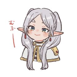 Rule 34 | 1girl, anam95, blush stickers, capelet, cropped torso, earrings, frieren, grey capelet, grey hair, jewelry, long hair, parted bangs, pointy ears, simple background, smile, smug, solo, sousou no frieren, translation request, twintails